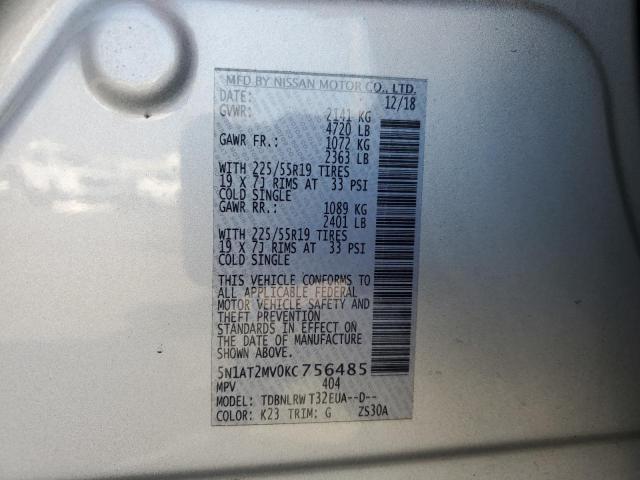 5N1AT2MV0KC756485 - 2019 NISSAN ROGUE S Արծաթագույն լուսանկար 13