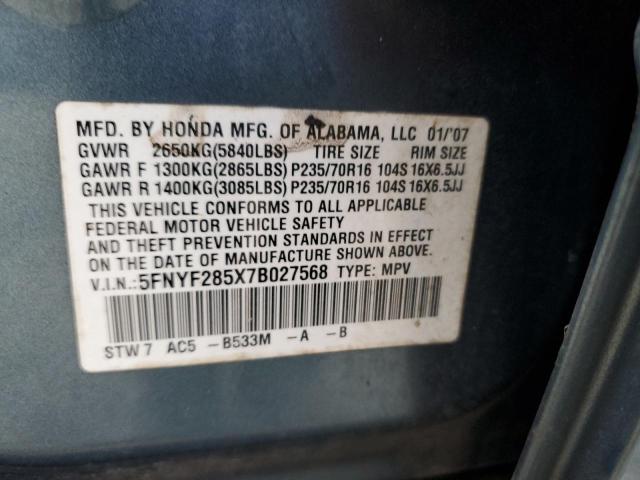 5FNYF285X7B027568 - 2007 HONDA PILOT EXL TEAL photo 13