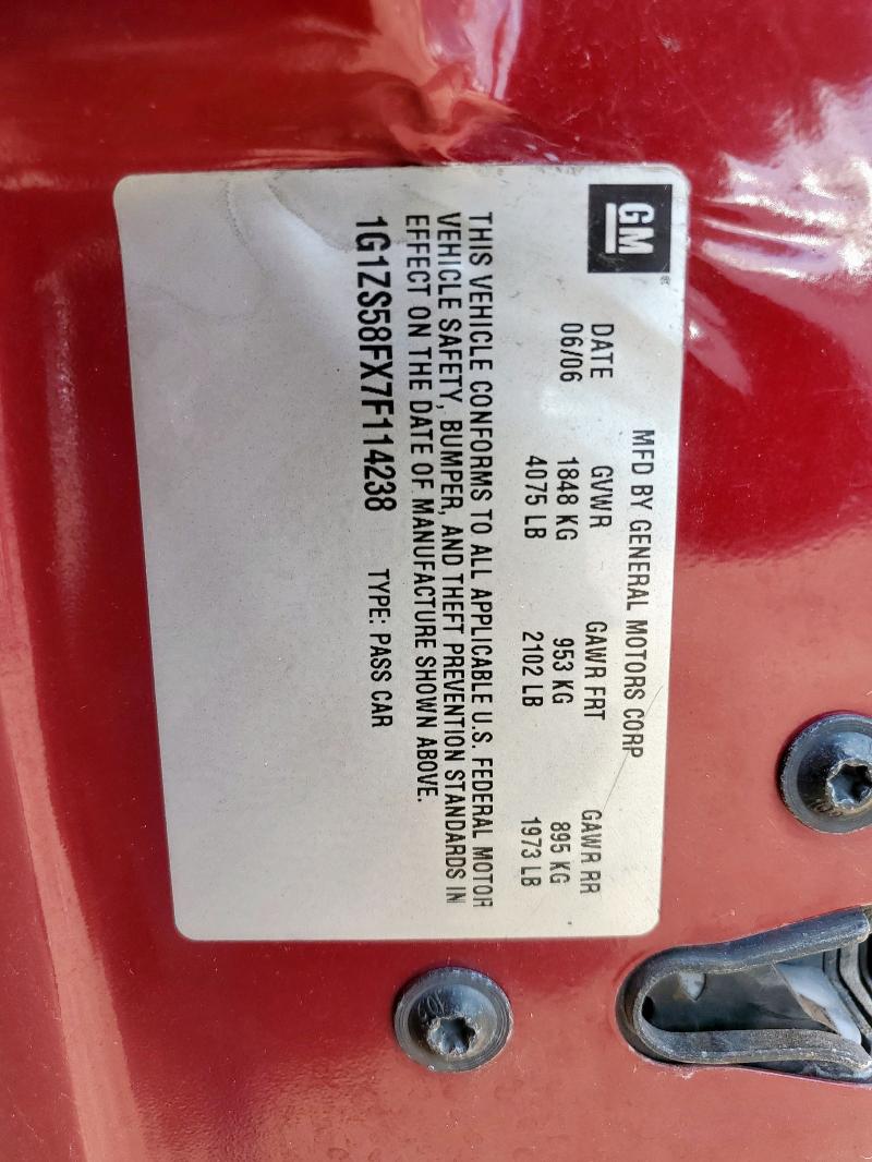 1G1ZS58FX7F114238 - 2007 CHEVROLET MALIBU LS მუქწითელი ფოტო 13