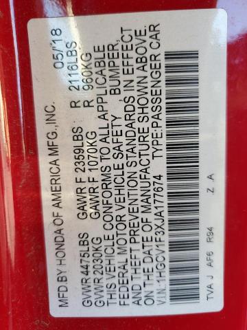 1HGCV1F3XJA177674 - 2018 HONDA ACCORD SPORT Rot Foto 12