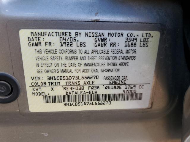 3N1CB51D75L558270 - 2005 NISSAN SENTRA 1.8 SILVER photo 12