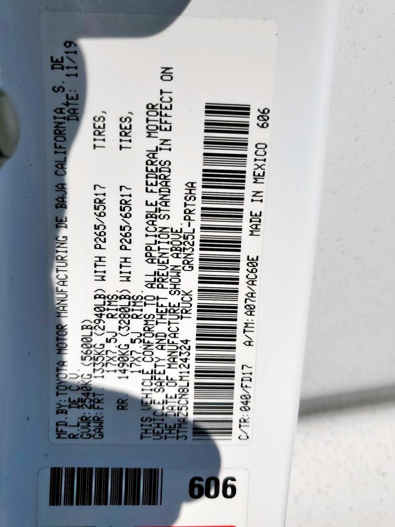 3TMAZ5CN8LM124324 - 2020 TOYOTA TACOMA DOUBLE CAB WHITE photo 12