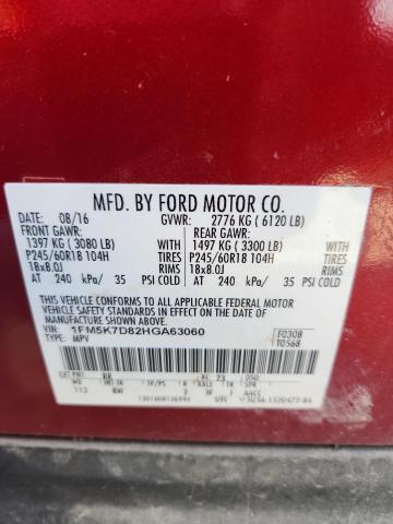 1FM5K7D82HGA63060 - 2017 FORD EXPLORER XLT RED photo 13