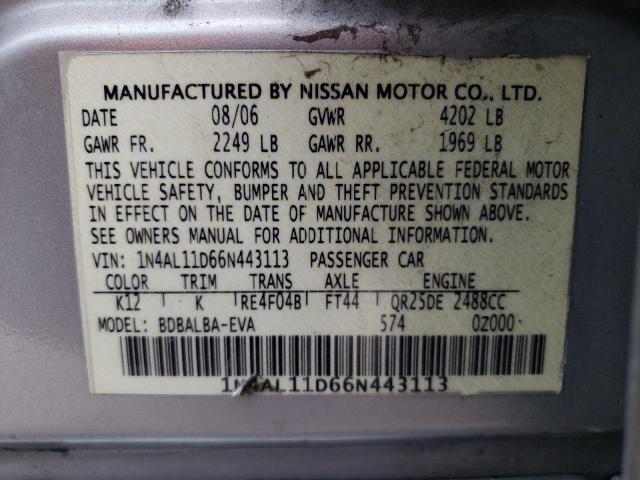 1N4AL11D66N443113 - 2006 NISSAN ALTIMA S SILVER photo 12