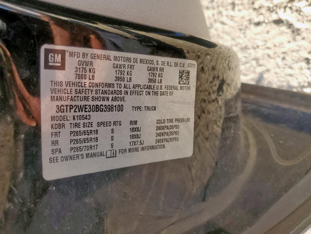 3GTP2WE30BG398100 - 2011 GMC SIERRA K1500 SLT 黑色 照片 12