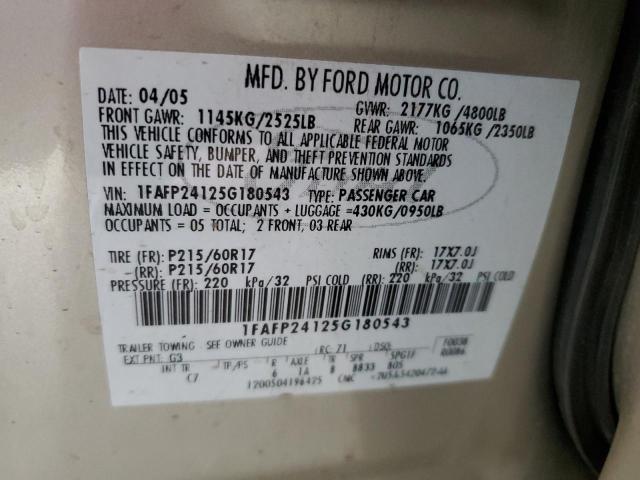 1FAFP24125G180543 - 2005 FORD FIVE HUNDRED SEL TAN photo 12