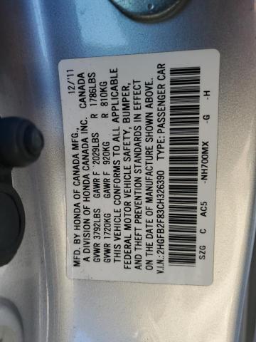 2HGFB2F83CH326390 - 2012 HONDA CIVIC EX SILVER photo 12