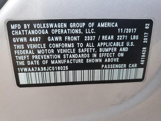 1VWAA7A36JC016025 - 2018 VOLKSWAGEN PASSAT S SILVER photo 12