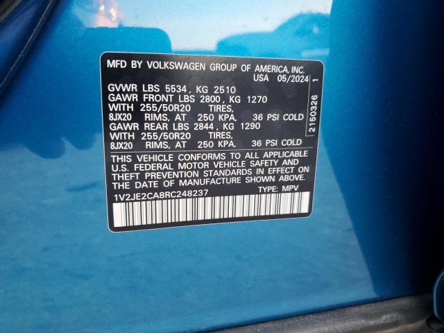 1V2JE2CA8RC248237 - 2024 VOLKSWAGEN ATLAS CROS SE Bleu photo 12