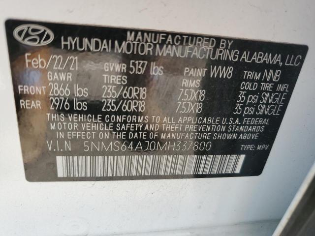 5NMS64AJ0MH337800 - 2021 HYUNDAI SANTA FE SEL WHITE photo 12