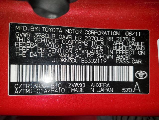 JTDKN3DU1B5302119 - 2011 TOYOTA PRIUS RED photo 12