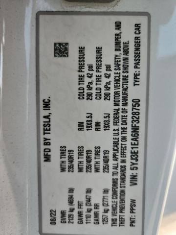 5YJ3E1EA6NF328750 - 2022 TESLA MODEL 3 Սպիտակ լուսանկար 12