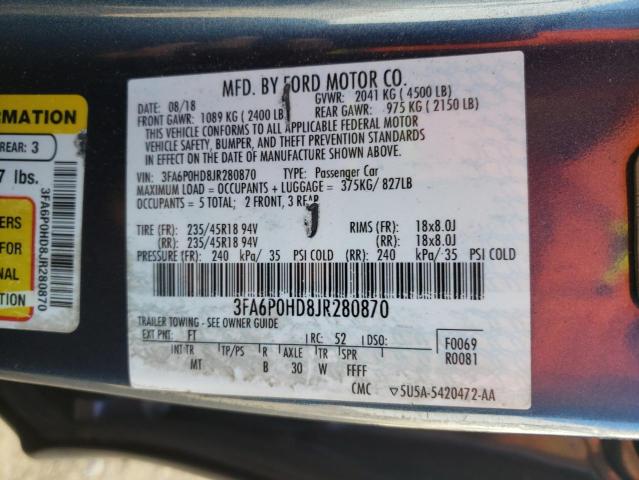 3FA6P0HD8JR280870 - 2018 FORD FUSION SE BLUE photo 12