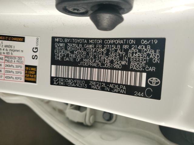 JTDEPRAE7LJ051980 - 2020 TOYOTA COROLLA LE თეთრი ფოტო 12