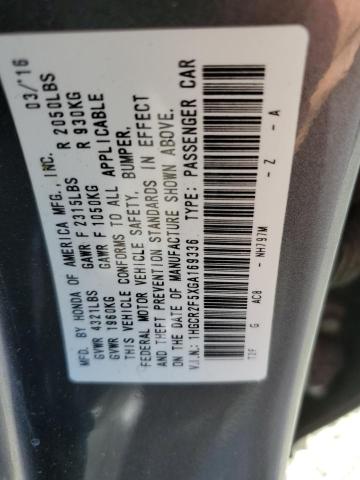 1HGCR2F5XGA169336 - 2016 HONDA ACCORD SPORT GRAY photo 12