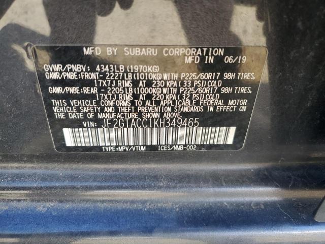 JF2GTACC1KH349465 - 2019 SUBARU CROSSTREK PREMIUM Graphite photo 12