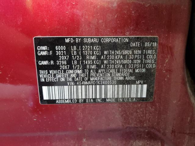 4S4WMARD1K3400530 - 2019 SUBARU ASCENT TOURING Բորդո լուսանկար 14