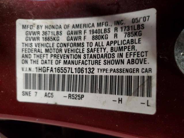1HGFA16557L106132 - 2007 HONDA CIVIC LX RED photo 12