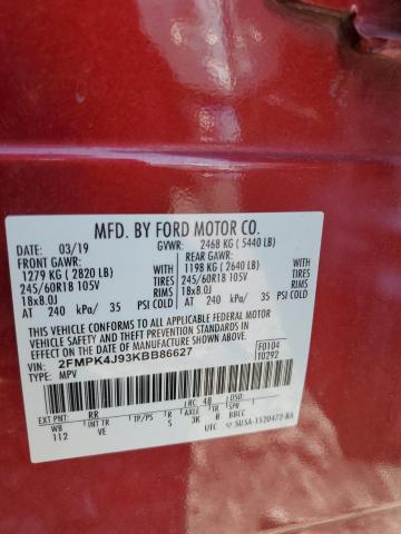 2FMPK4J93KBB86627 - 2019 FORD EDGE SEL MAROON photo 12