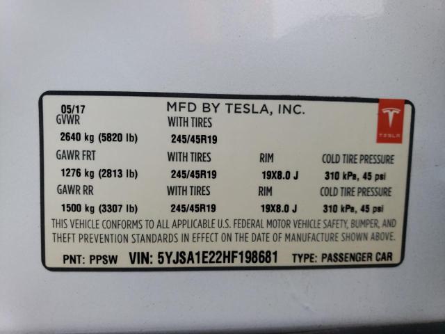 5YJSA1E22HF198681 - 2017 TESLA MODEL S Սպիտակ լուսանկար 12