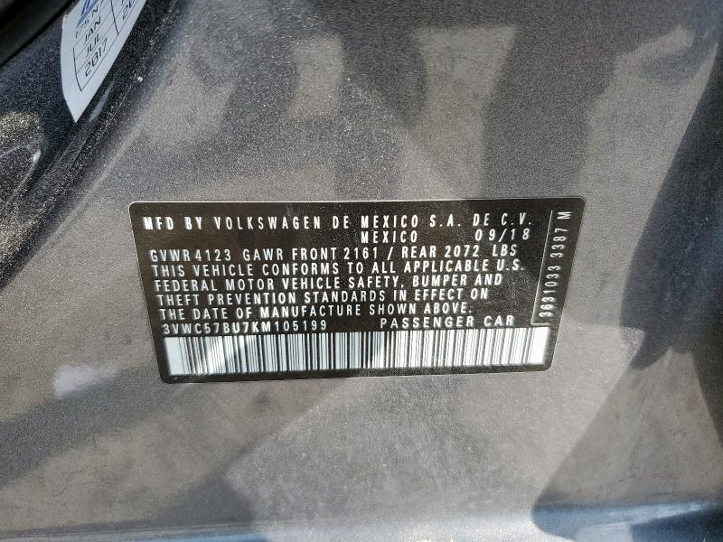 3VWC57BU7KM105199 - 2019 VOLKSWAGEN JETTA S Сірий фото 12