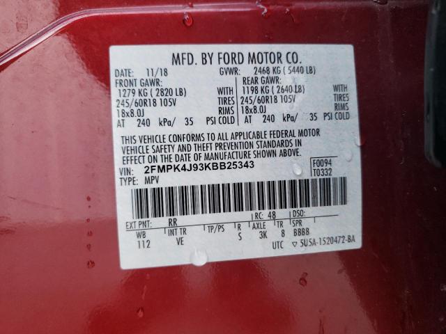 2FMPK4J93KBB25343 - 2019 FORD EDGE SEL RED photo 13