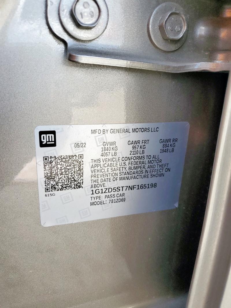 1G1ZD5ST7NF165198 - 2022 CHEVROLET MALIBU LT Բեժ լուսանկար 13