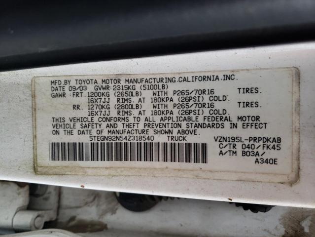 5TEGN92N54Z318540 - 2004 TOYOTA TACOMA DOUBLE CAB PRERUNNER WHITE photo 12