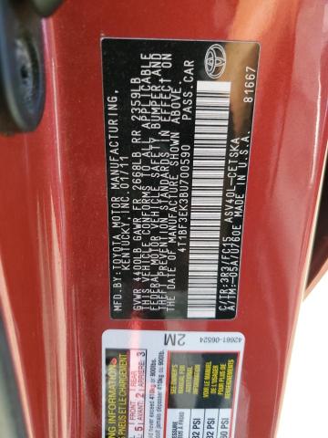 4T1BF3EK3BU700590 - 2011 TOYOTA CAMRY BASE Կարմիր լուսանկար 12