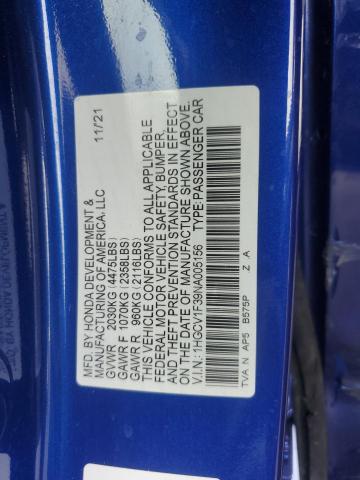 1HGCV1F39NA005156 - 2022 HONDA ACCORD SPORT Көк фото 12