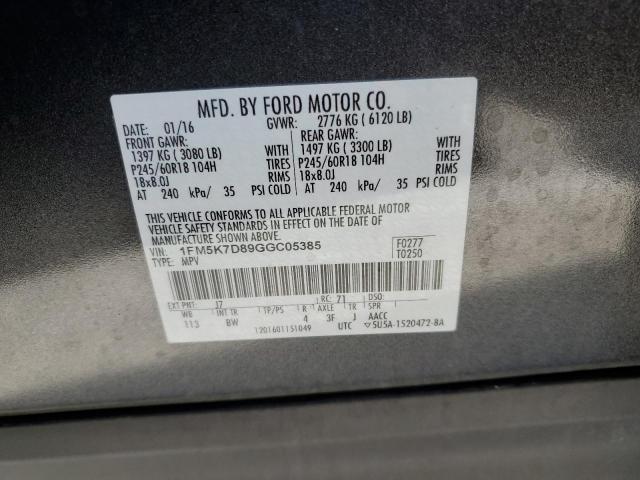 1FM5K7D89GGC05385 - 2016 FORD EXPLORER XLT رمادي صورة 13