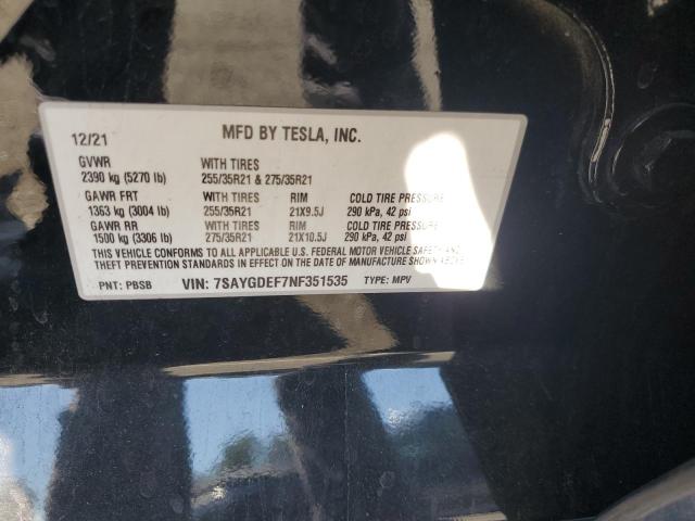 7SAYGDEF7NF351535 - 2022 TESLA MODEL Y შავი ფოტო 13