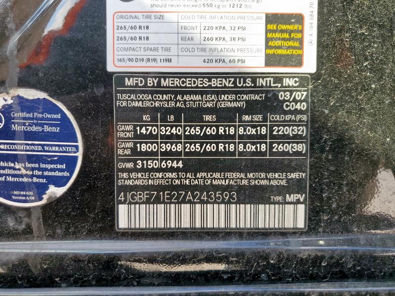 4JGBF71E27A243593 - 2007 MERCEDES-BENZ GL 450 4MATIC BLACK photo 13