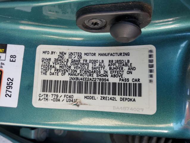1NXBU4EE2AZ278994 - 2010 TOYOTA COROLLA BASE GREEN photo 12