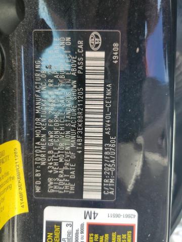 4T4BF3EK8BR211205 - 2011 TOYOTA CAMRY BASE BLACK photo 12