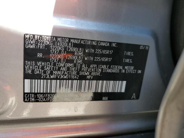 2T3LWRFV3KW011642 - 2019 TOYOTA RAV4 LE Plata foto 13