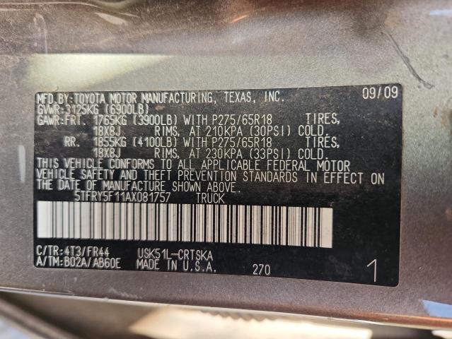 5TFRY5F11AX081757 - 2010 TOYOTA TUNDRA DOUBLE CAB SR5 BROWN photo 12