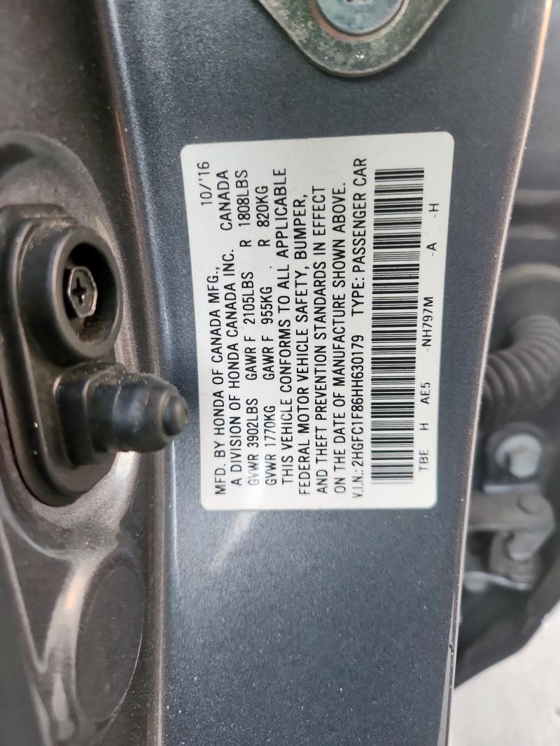 2HGFC1F86HH630179 - 2017 HONDA CIVIC EX Մոխրագույն լուսանկար 12