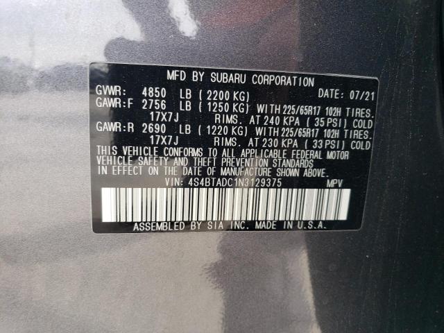 4S4BTADC1N3129375 - 2022 SUBARU OUTBACK PREMIUM GRAY photo 12