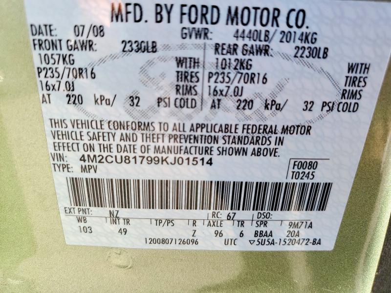 4M2CU81799KJ01514 - 2009 MERCURY MARINER Yaşıl foto 14