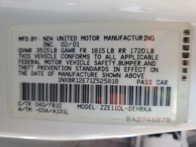 1NXBR12E71Z525818 - 2001 TOYOTA COROLLA CE WHITE photo 12