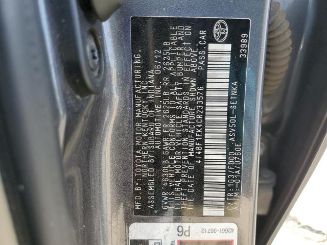 4T4BF1FK4CR233576 - 2012 TOYOTA CAMRY BASE CHARCOAL photo 12