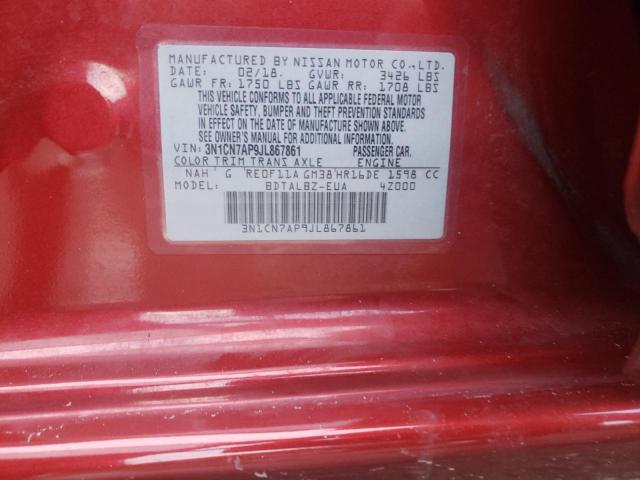 3N1CN7AP9JL867861 - 2018 NISSAN VERSA S RED photo 13