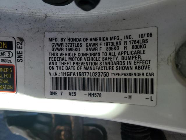 1HGFA16877L023750 - 2007 HONDA CIVIC EX WHITE photo 12