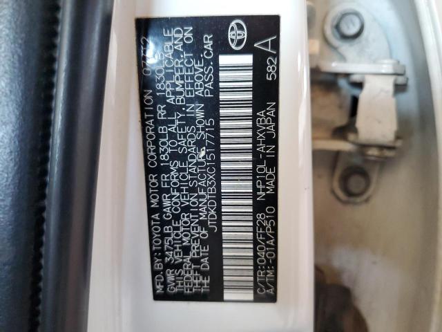 JTDKDTB3XC1517715 - 2012 TOYOTA PRIUS C თეთრი ფოტო 12