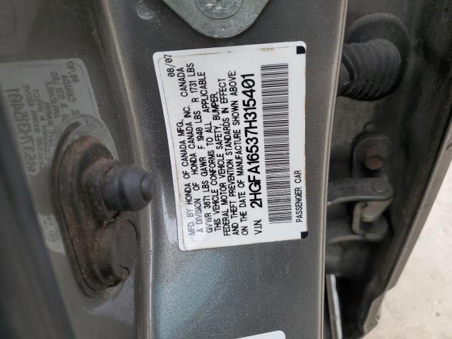 2HGFA16537H315401 - 2007 HONDA CIVIC LX GRAY photo 12