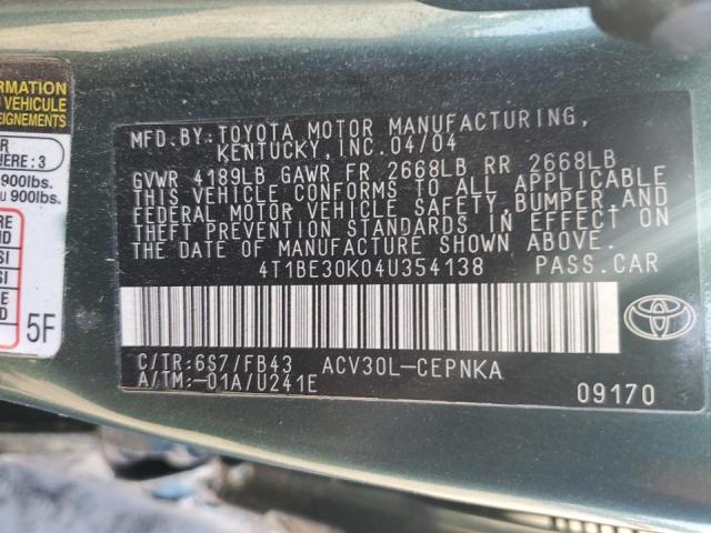 4T1BE30K04U354138 - 2004 TOYOTA CAMRY LE GREEN photo 12