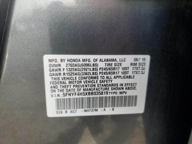 5FNYF4H5XBB035819 - 2011 HONDA PILOT EXL GRAY photo 13