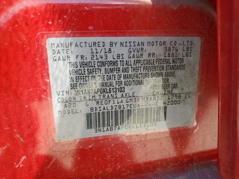 3N1AB7AP0KL613103 - 2019 NISSAN SENTRA S Kırmızı fotoğraf 12