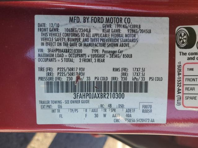 3FAHP0JAXBR210300 - 2011 FORD FUSION SEL RED photo 13